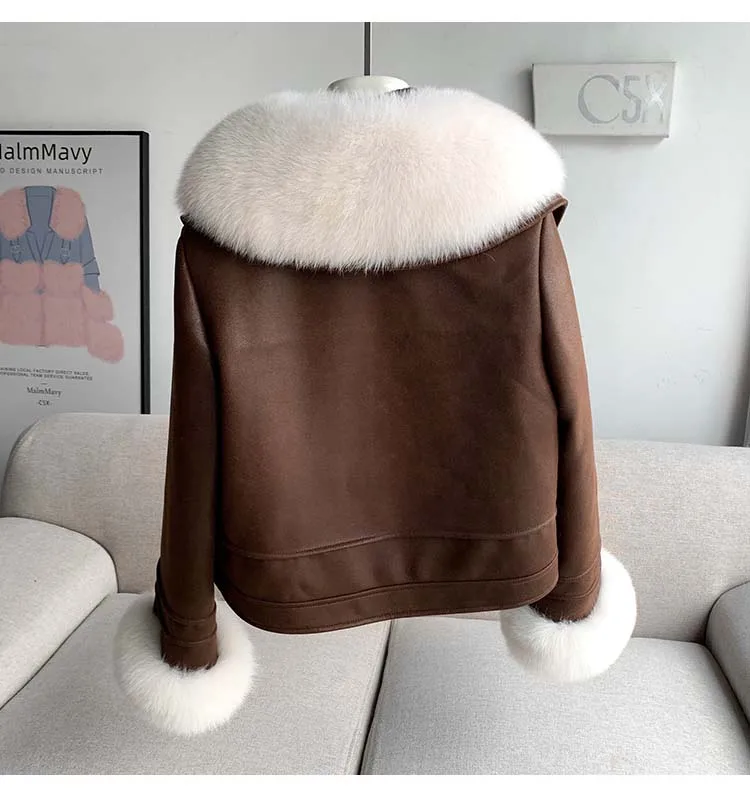 Large Luxury Natural Real Fox Fur Women Vintage Thick Short Faux Lamb Fur Jacket Autumn Winter Female Zipper Belt Coat