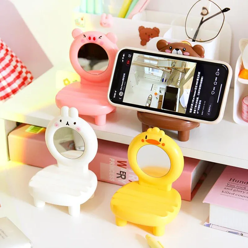 Kawaii Cartoon Stoel Telefoonhouder Met Spiegel Verstelbare Telefoonbeugel Tablet Ondersteuning Telefoon Stand Houder Kantoor Bureau Organizer