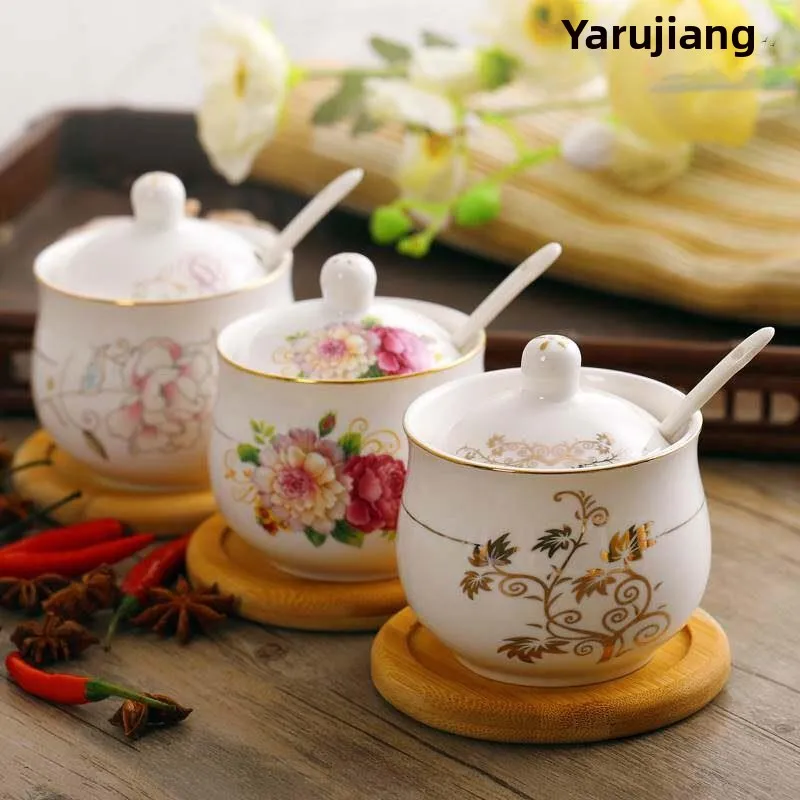 

Hand-Painted Gold Ceramic Seasoning Jar European Style Kitchen Spice Box Salt Container Flavoring Box Set for Home Use