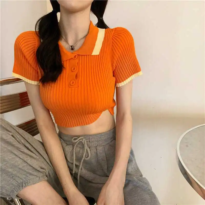 Patchwork Short Sleeves Knitted T-shirt Polo Neck Y2k Clothing Crop Tops Women Pullover Slim Skinny Neckline Streetwear Mujer