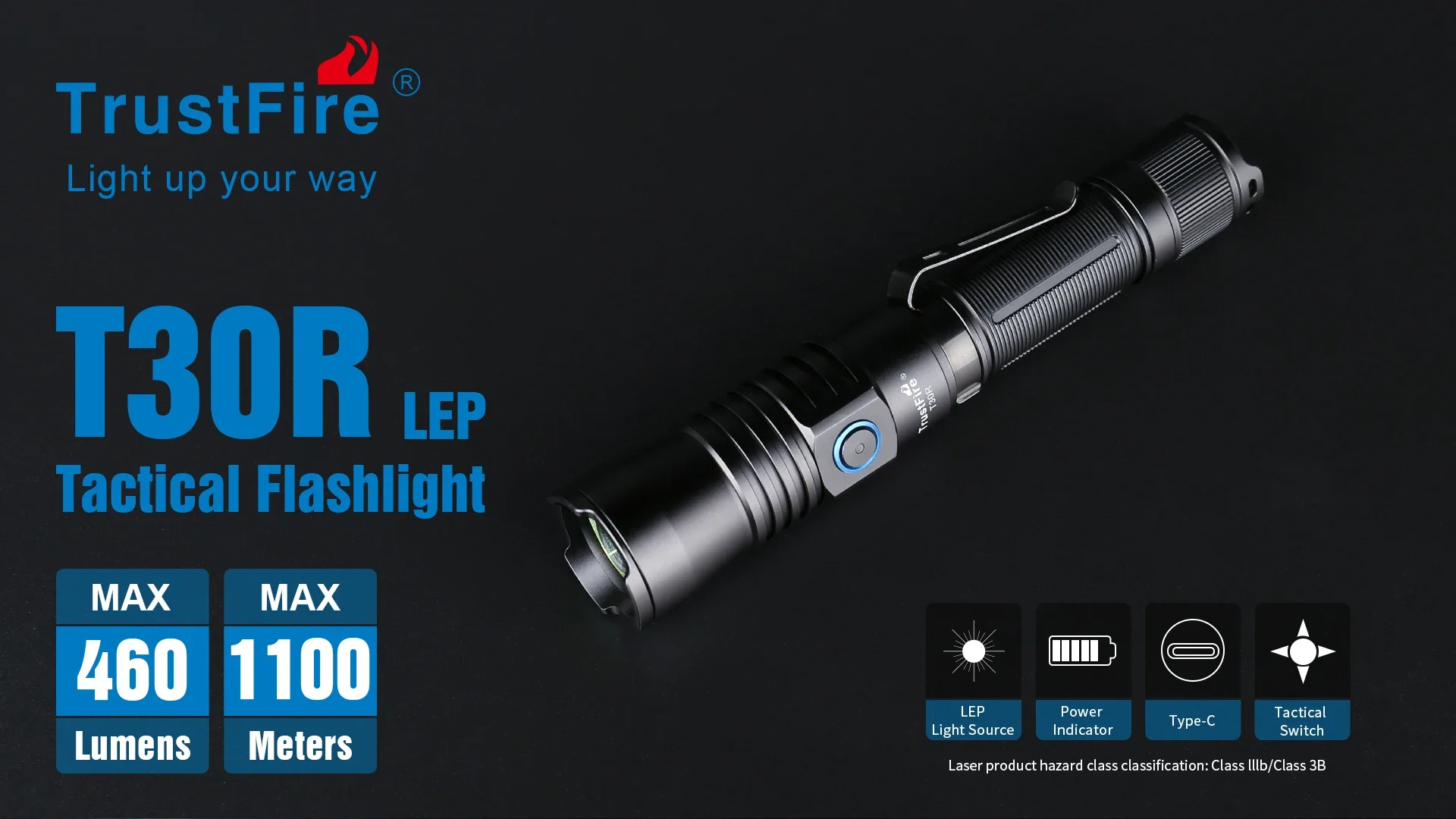 High Powered LEP Laser Flashlight  T30R 460 Lumens LED Tactical Camping Hunting Torch Light Flashlight