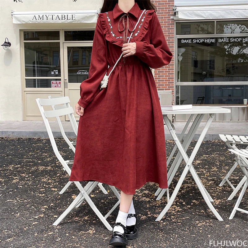 Art Mori Girls Long Dress Autumn Winter Basic Wear Retro Vintage Japan Style Doll Neck Cute Sweet Ribbon Bow Tie Corduroy Dress