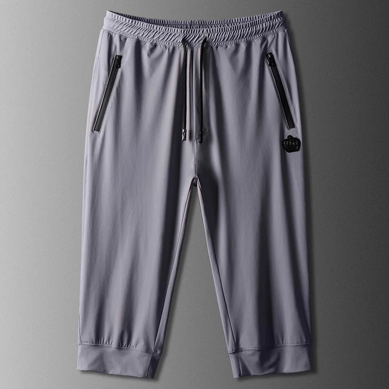 

Ice Silk Seven-Foot Pants Men's Thin High Elastic Breathable Qui Dry Loose Large Size Belted Running Fitn Sports Mid-Pants