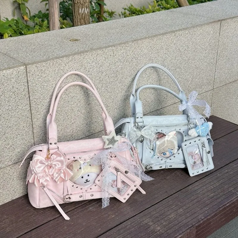 Motorcycle Bag Handheld Rivet Head Layered Oil Wax Cowhide Crossbody Women's Bag Cool And Spicy Girl Retro Style Tote Bag - view 3