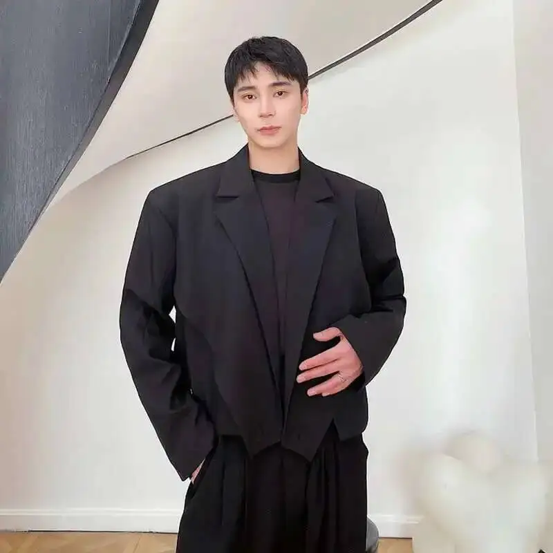 Elgance Men's Blazers Short Irregular Jacket Cross Suit Collar Patchwork Button Niche Design Male Suit Coat New 9A21DO