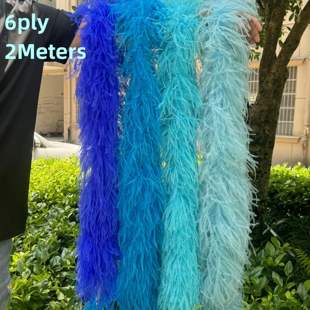 Boa de plumas de avestruz azules de 2 metros, 6 capas, 9 capas, 12 capas, plumas esponjosas personalizadas para ropa de boda, chal, decoración, manualidades de costura