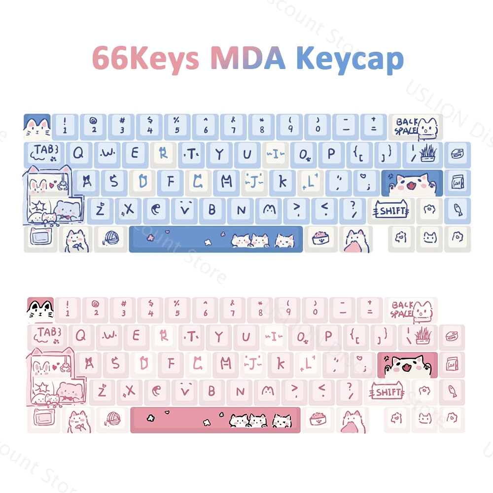 66 Keys MDA Profile Blue Pink Cat Theme Keycaps For Mechanical Gaming Keyboard Mx Switch PBT Five-sided Dye Sublimation Key Caps