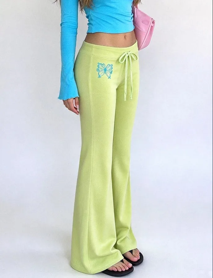 candy colored butterfly hot stamping diamond micro flared pants spicy girl low waist lace up retro slim fit casual pants