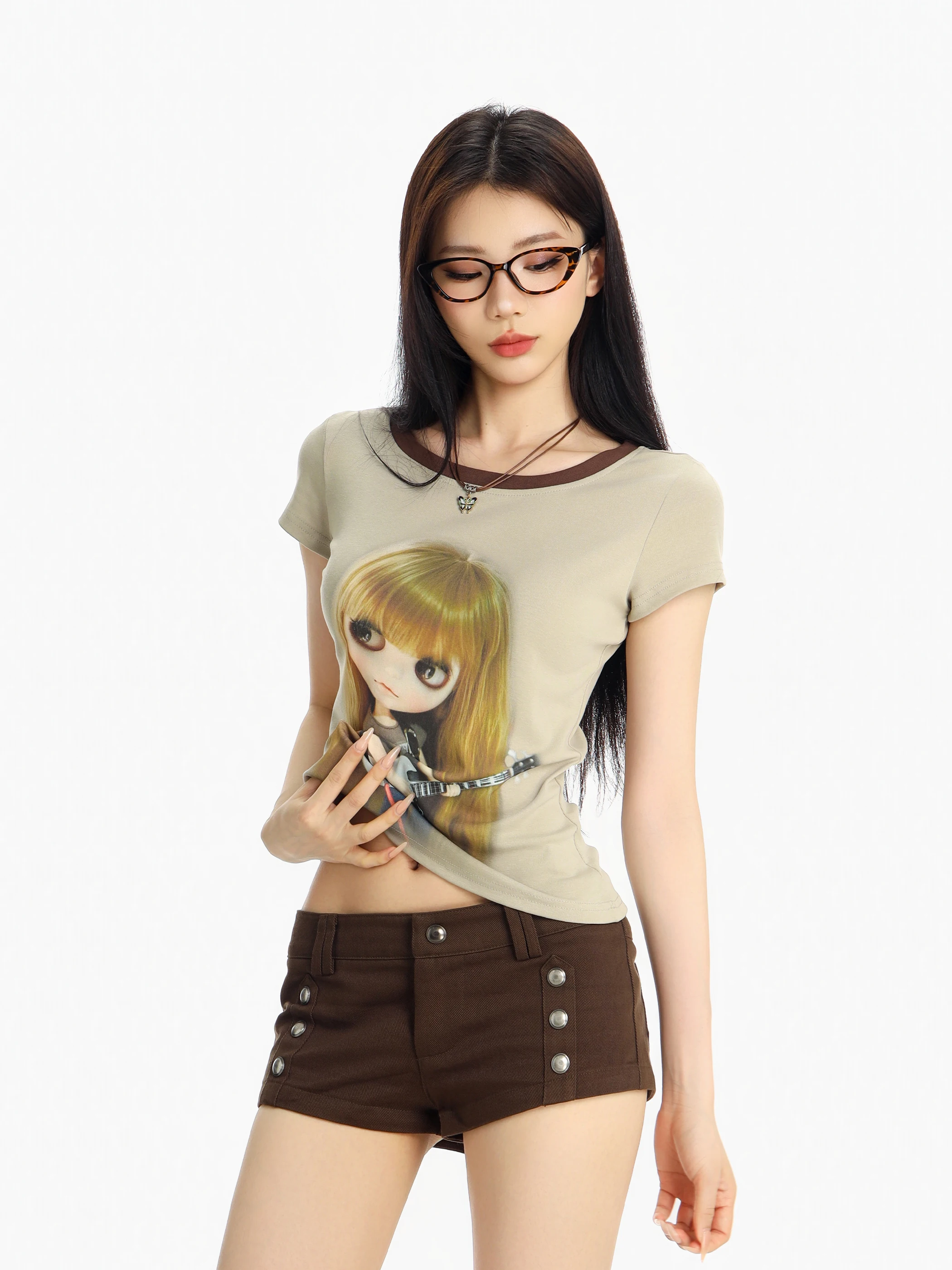 

Summer ort Sve Slim Fit T-irt Women's Doll Sle Beer Captain Retro Faion Breathable Cotton Polyester Blend Print Top