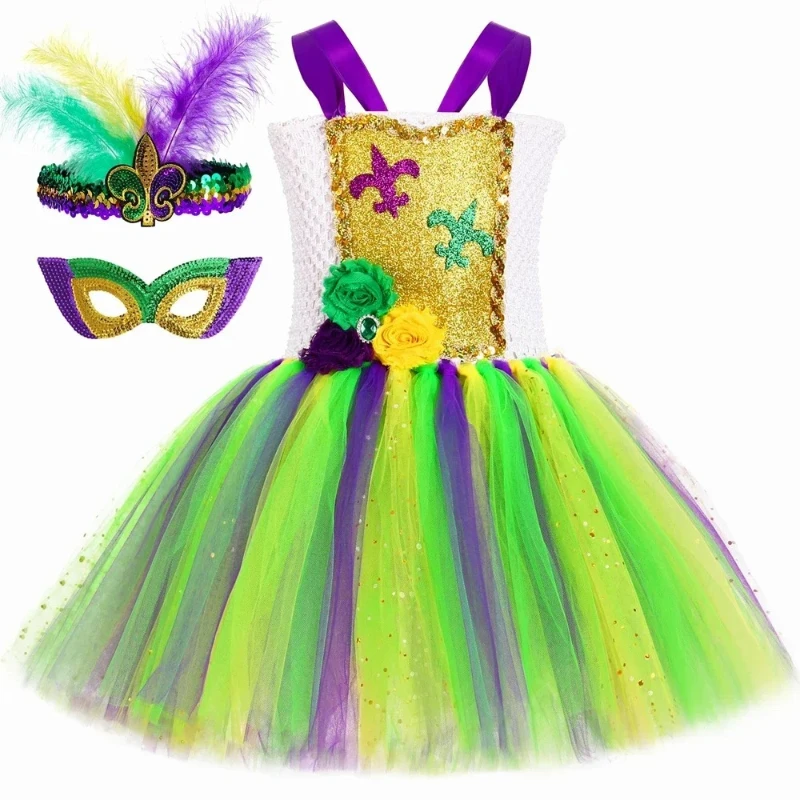 Sequined Carnival Tutu Attire with Traditional Mardi Gras Hues, Ideal for Themed Contests and Seasonal Celebration Gatherings