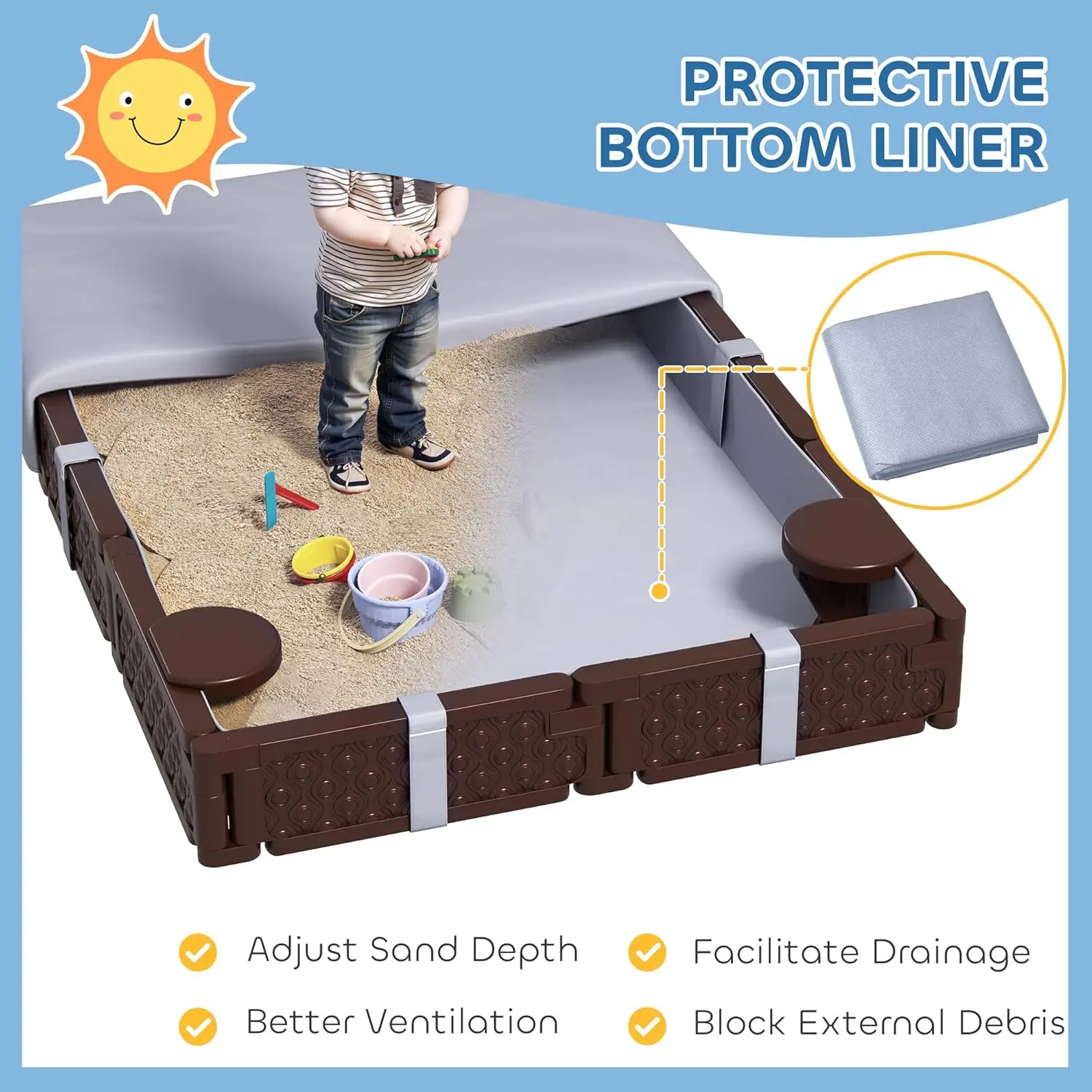 صندوق رمل للأطفال مع غطاء ، صندوق رمل مستطيل ، حفرة رمال كبيرة مع 4 مقاعد ، بطانة سفلية مقاومة للماء ، مقاومة للطقس ، في الهواء الطلق Sa ، 73"