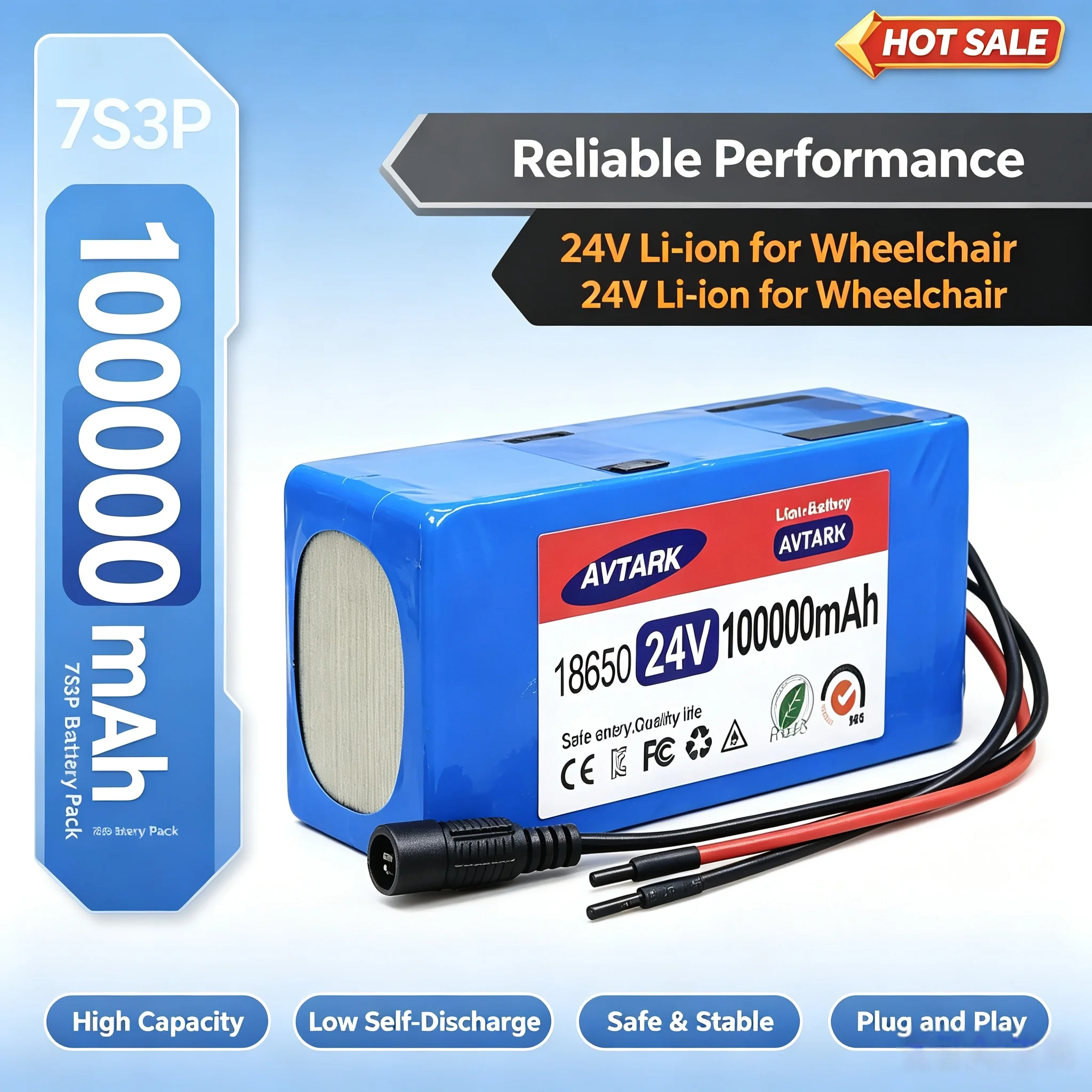 New 7S3P 24V 100Ah 18650 Lithium Battery Pack 29.4V Built-in BMS Protection For 350W 500W Electric Wheelchair Mobile Power