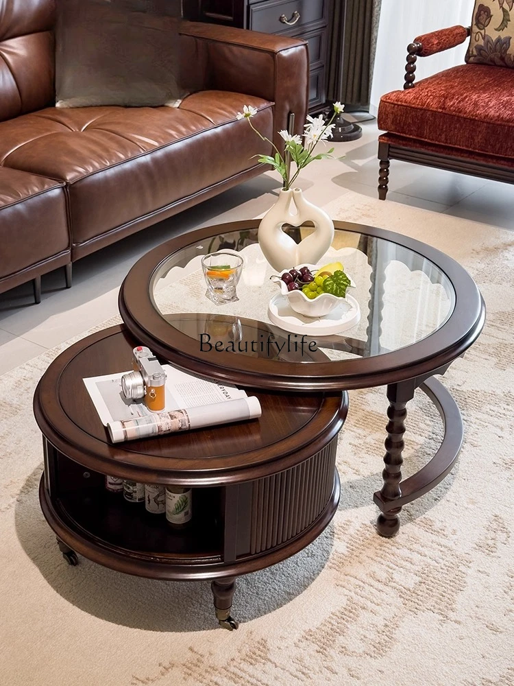 

style living room small apartment American retro coffee table size round combination all solid wood storage coffee table