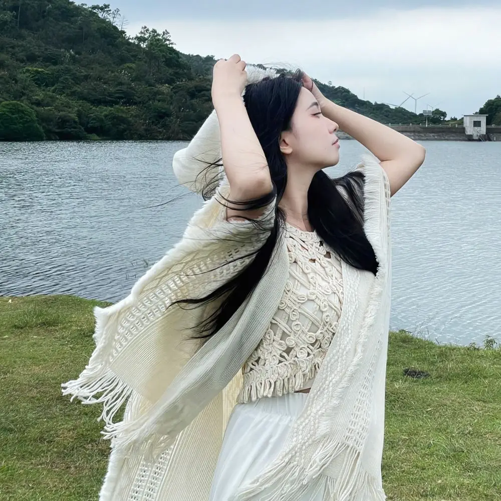 

Elegant Tassel Knitted Hoodie Shawl Crochet Top Wrap Women Cloak Large Scarves Solid Color Evening Capes Female/Women