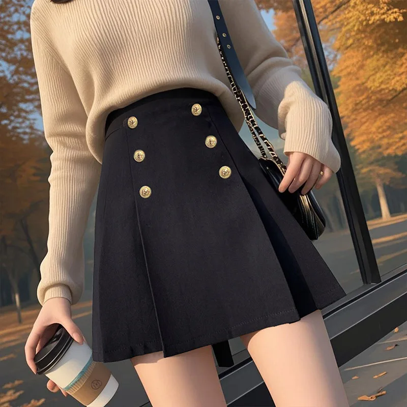 

Осень-зима плиссированный костюм юбка-зонтик женская мода с высокой талией трапециевидной формы двубортная рабочая вечеринка короткая мини-юбка черная