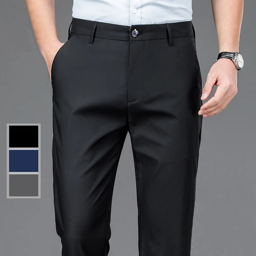Imagen 1 del producto Pantalones masculinos elásticos de color negro liso, pantalones informales inteligentes para hombre, pantalones de traje de secado rápido para oficina, nuevos Pantalones rectos coreanos para primavera y otoño