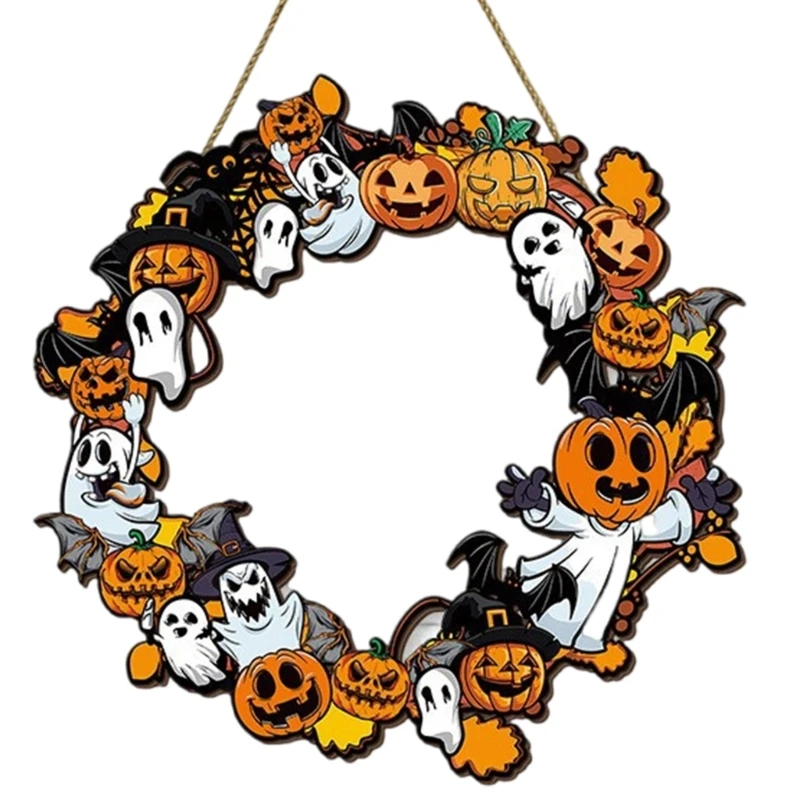  Halloween Decorations Welcome Sign Wooden Wreath Front Door Hanger Wooden Wreath