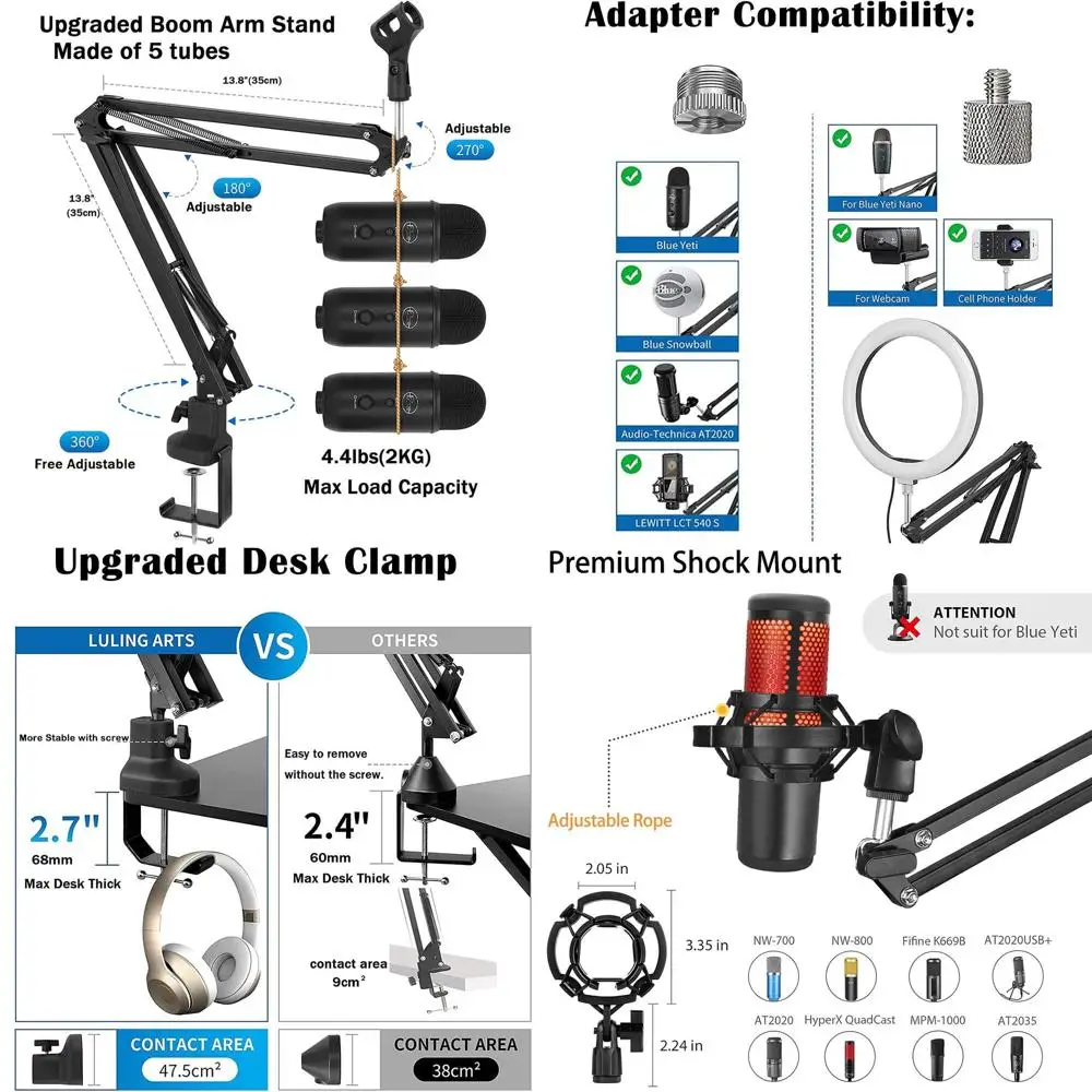 

Сверхмощный регулируемый кронштейн микрофона с настольным зажимом, фильтром и адаптерами 1/4-3/8-5/8