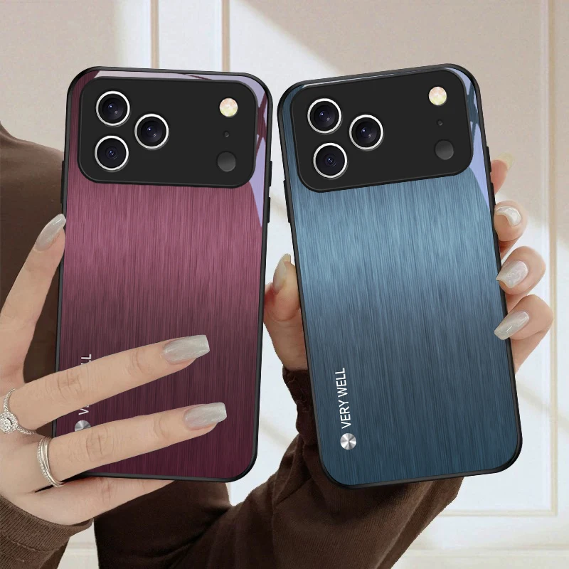 Minimally brushed metal For iPhone 17 Pro Max 16E 15 Plus 14 Pro 13 12mini 11 Air XS Max 5 6 7 8Plus SE Black Glass Phone Case view 4