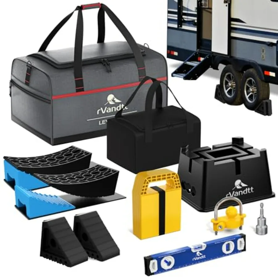 

Travel Trailer Toy Hauler Leveling Stability Security Kit with Two Axle Leveling Jacks Hitch Stand Stabilizer Pads Wheel Chocks