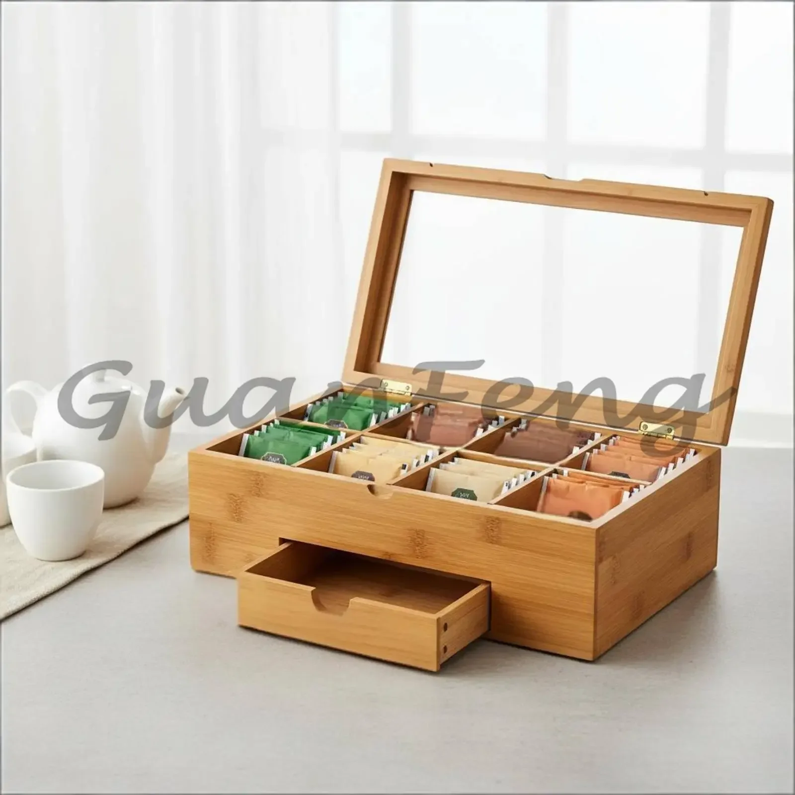 Bamboo Wooden Tea Box with Transparent Lid and Drawers, Sturdy Tea Storage Cabinet for Kitchen & Pantry