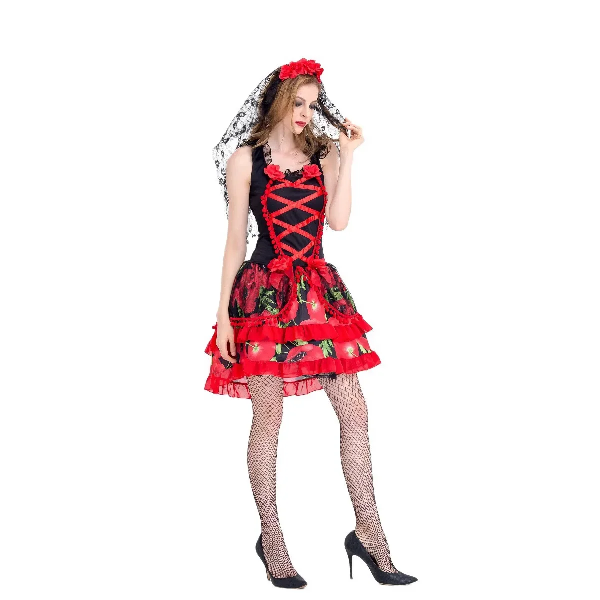 

Adult Women's Mexican Day Of The Dead Skull Scary Costume Halloween Carnival Party Flower Fairy Ghosts Bride Cosplay Dress