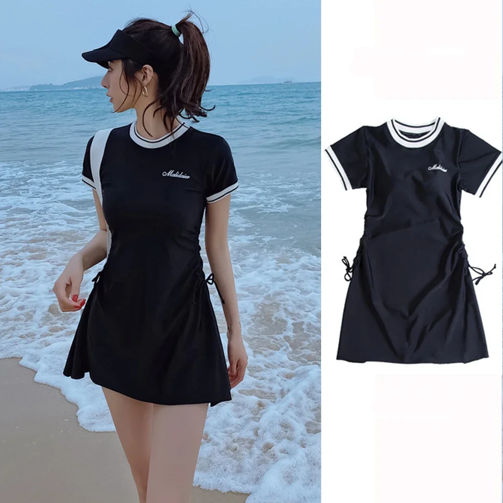 Professional Swimsuit One-Piece Skirt With Leggings Waist Side Drawstring Sports Swimsuit Hot Spring Pool Conservative Bikini