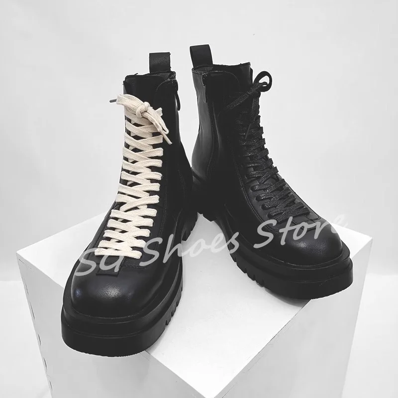 

Male Leisure Sneakers Black High Top Chunky Bottom Chelsea Boots British Style Round Toe Chunky Heel Lace-Up Boots for Men