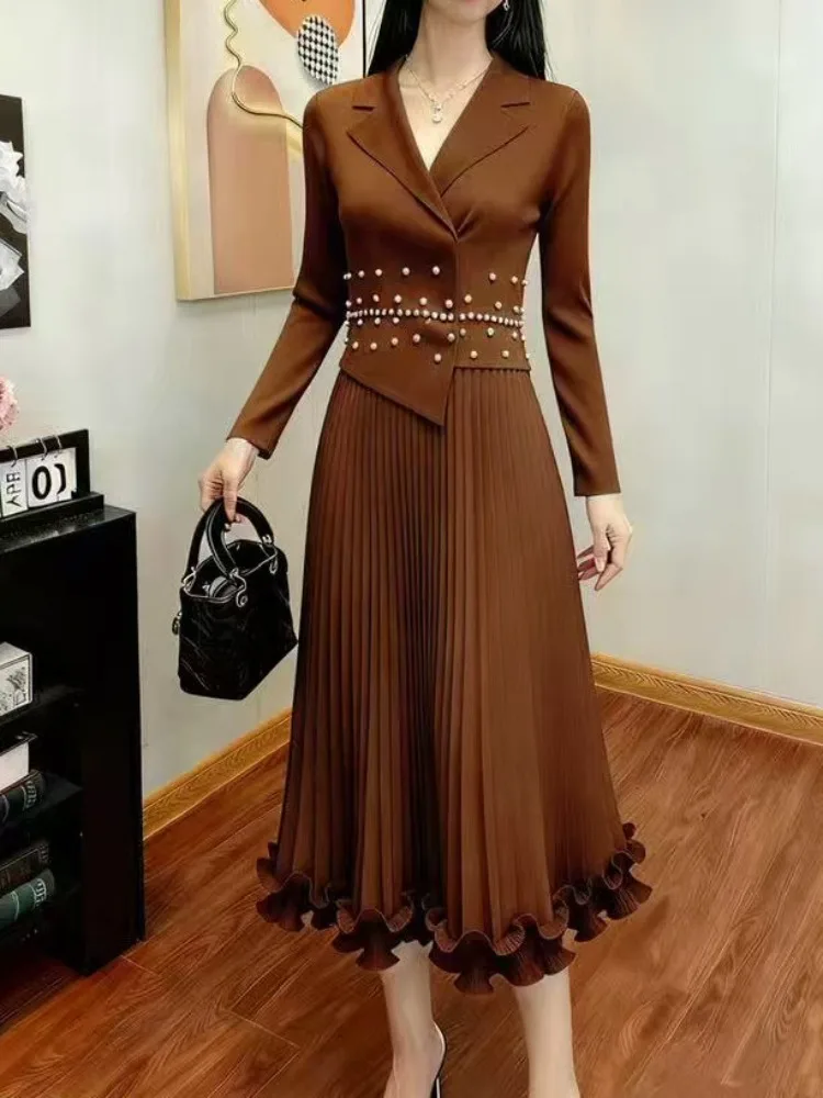 

2025 Suit Collar Dress Autumn Winter Miyake A Pleated Skirt Waist Thin Fungus Edge Long Sleeve Loose Fashion Women's Clothing