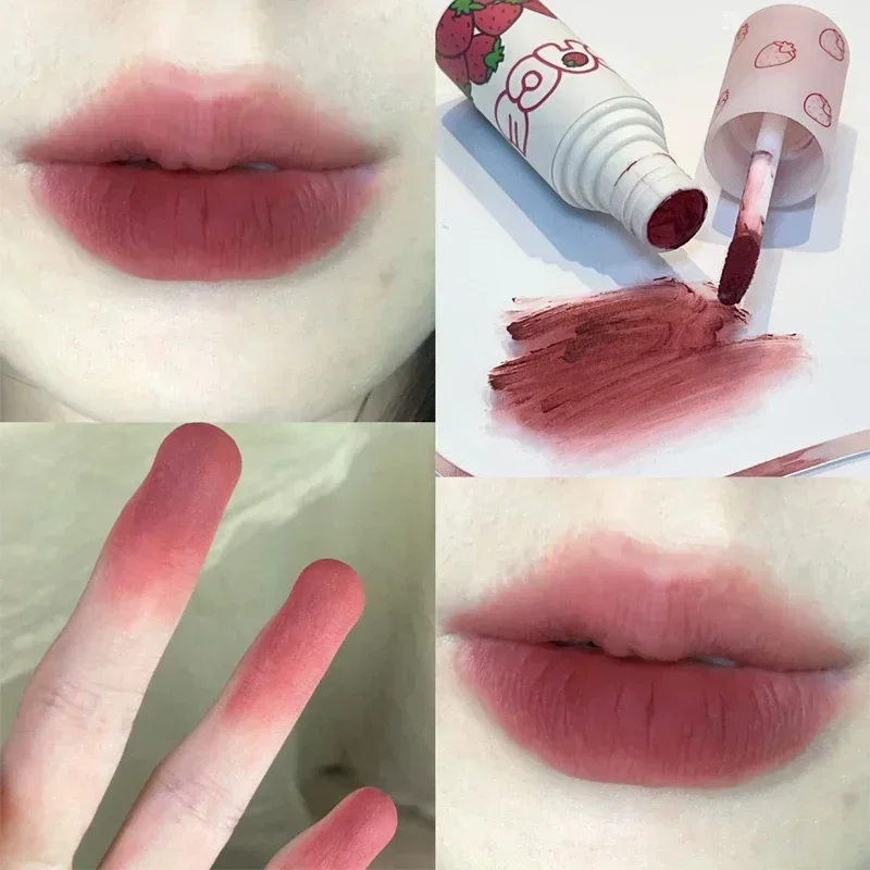 Heallor Velvet Nude Red Lip Gloss Long Lasting Lipstick Brown Pink Lip Glaze Matte Liquid Lipstick Cute Strawberry Matte Liquid