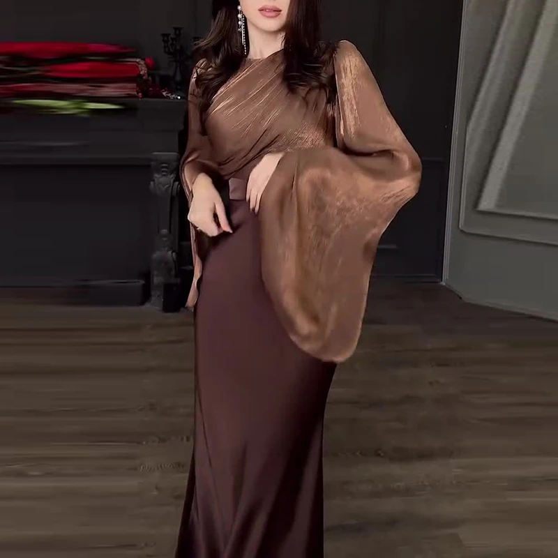 Women\'s Patchwork High Waist Evening Dress Elegant Solid Color Party Long Dresses Fall Fashion O-Neck Slim Satin Dress New 2024