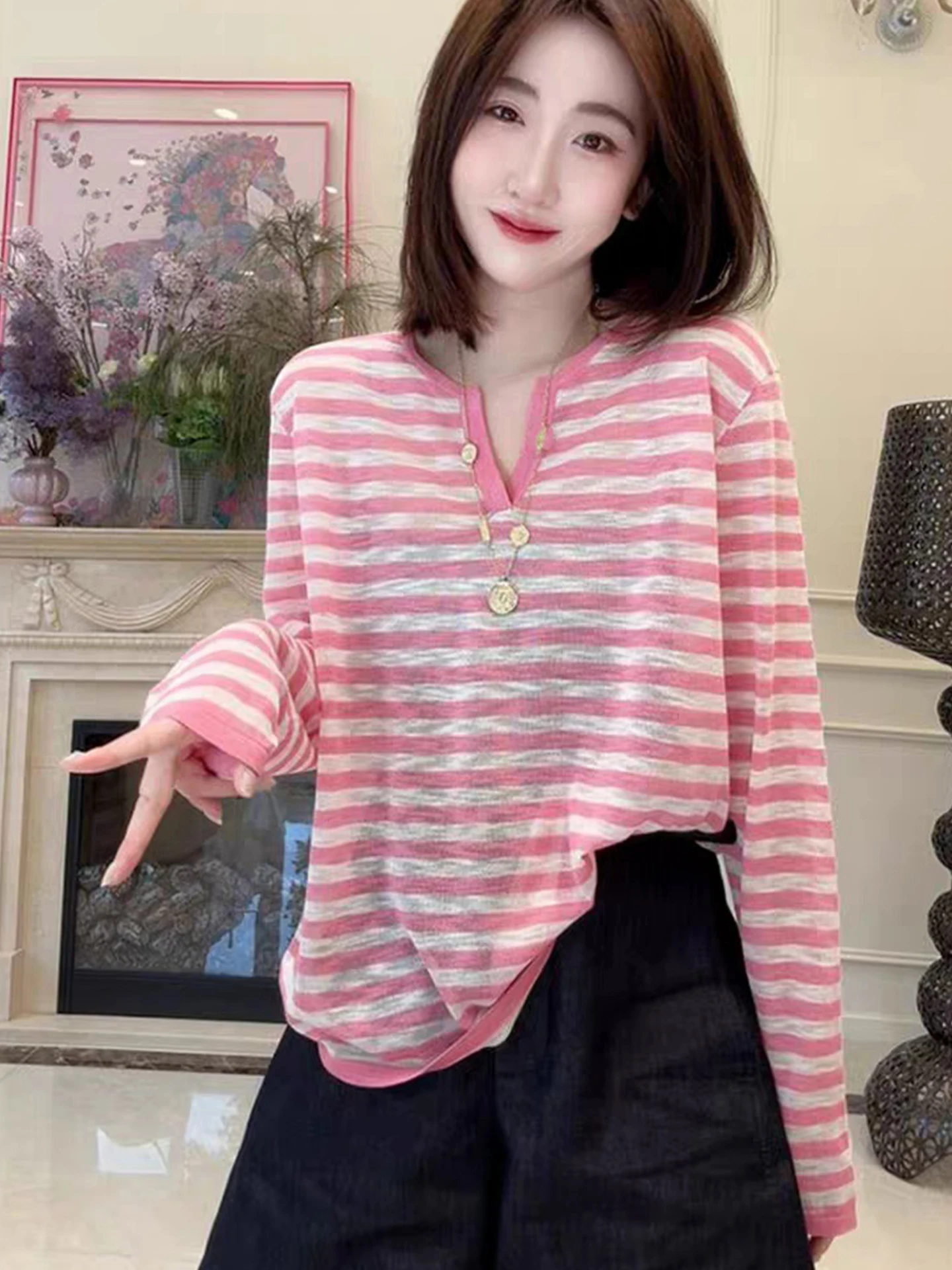 

High-End European Sle Long Sve Knitted T-irt Korean Version Overlap Color Contrast Translucent Cover up Summer Anti-Ag...