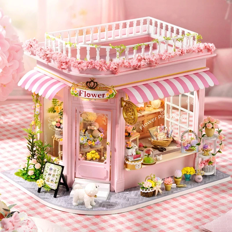 

OUZEY Colorful Flower Shop Doll Houses DIY Wooden Miniature Building Kits with Furniture for Friends Birthday Gift