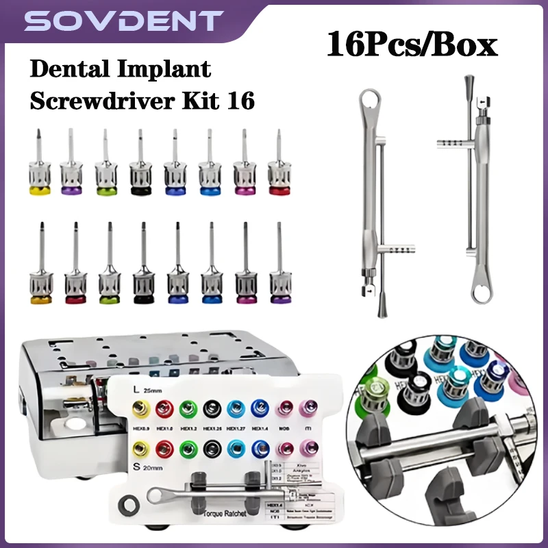 16Pcs High Quality Screwdriver Tools Dental Implant Torque Wrench Ratchet 10-70NCM with Drivers & Wrench Kit