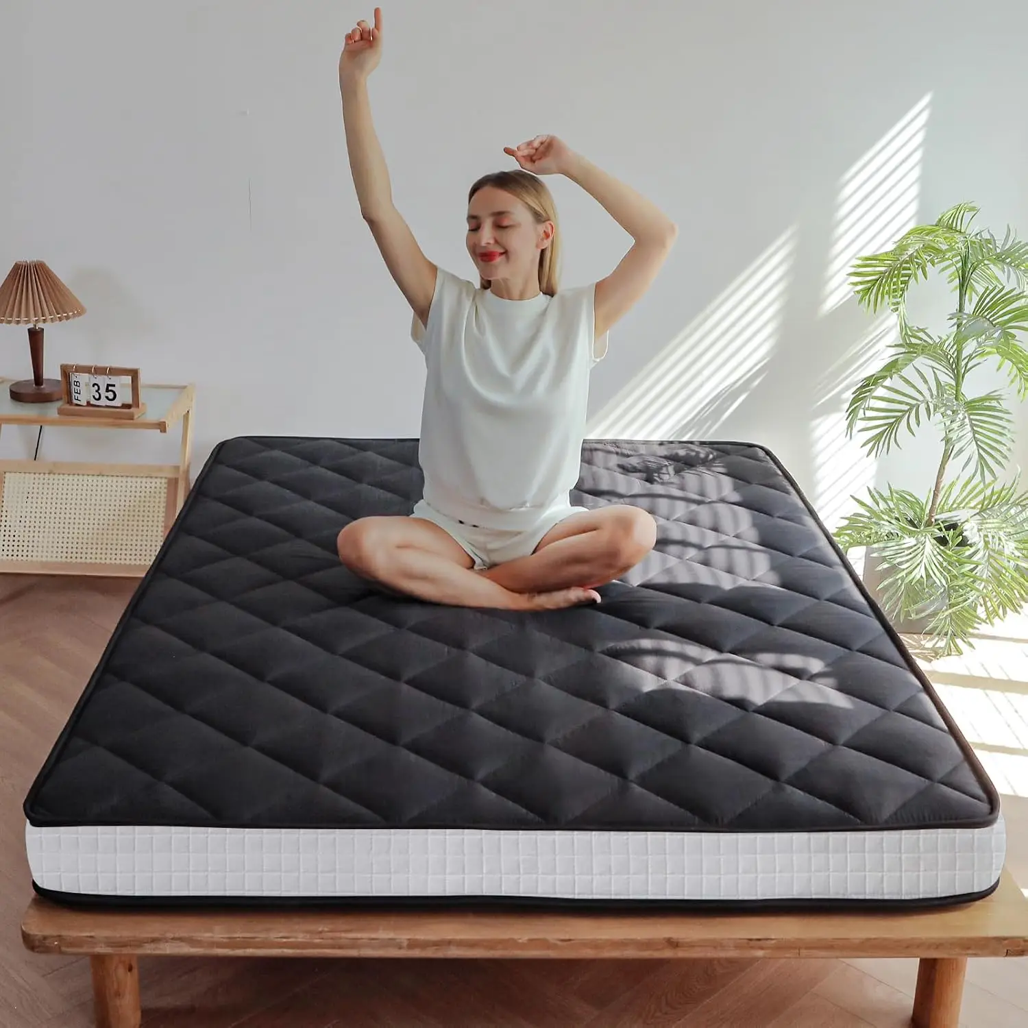 Extra Thick Black Queen Size Futon Mattress with Diamond Pattern for Adults, Japanese Floor Use