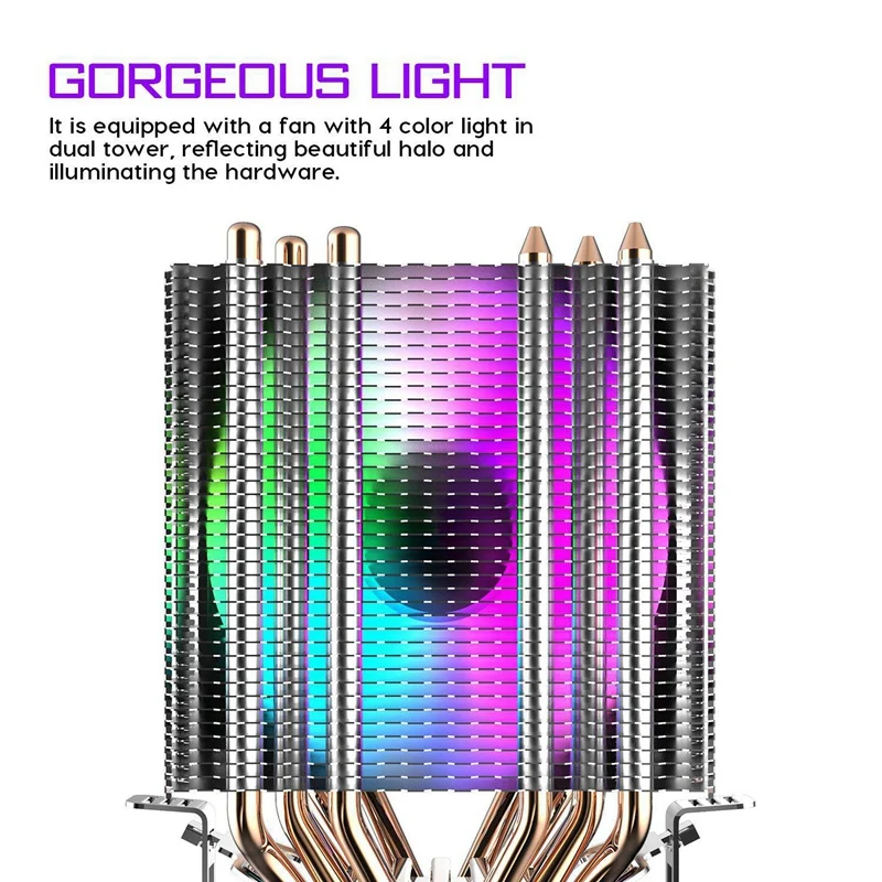 Cpu Air Cooler 6 Heat Pipes Twin-Tower Heatsink With 90Mm Rainbow Led Fans For  775/1150/1155/1156/1366