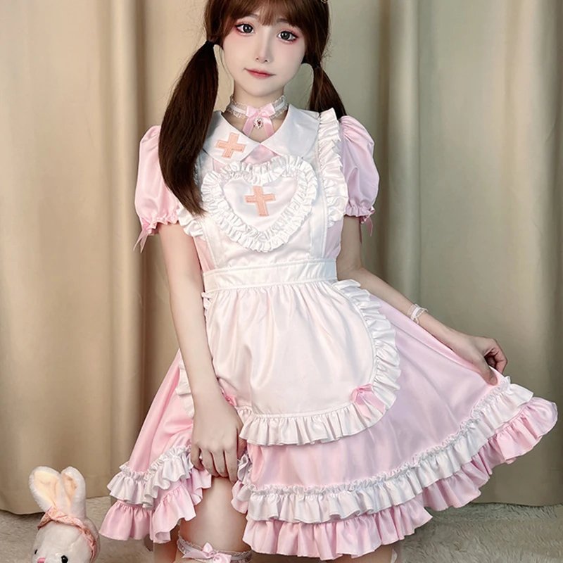 M-5XL New Pink Maid Costume Large Cross Love Anime Role-Playing Restaurant Uniform Nurses Halloween