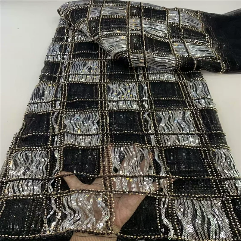 5yard Beaded sequin checkered embroidery telas,fashion mesh fabric,ceremonial dress Wedding dress fabric for clothing