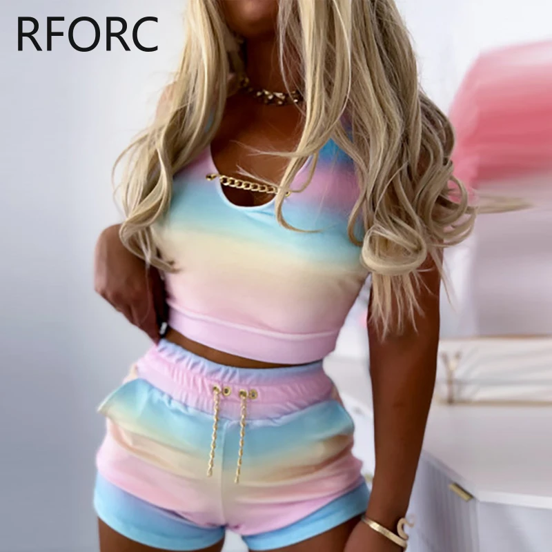 2024 Women Sexy Gradient Color Chain Decoration Elastic Waist Two Pieces Summer Short Sets