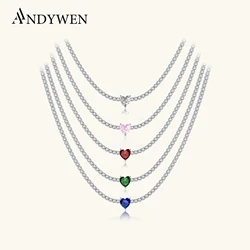 ANDYWEN 925 Sterling Silver Heart Love CZ Zircon Tennis Chain Luxury Choker Necklace 2023 Women Luxury Fine Jewelry Crystal
