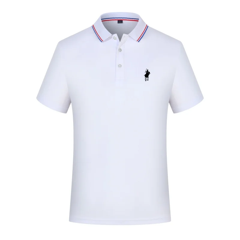 Herren Kurzarm-Poloshirt mit Emblem auf der linken Brust, mehrfarbigem Kragenbesatz, dreiknopfiger Knopfleiste, lässiges Business-Sommer-Oberteil T-Shirt – Detail 7