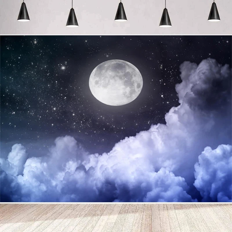 Cloudy Night Sky Photography Backdrop Full Moon Starry Sky Cosmic Universe Baby Shower Birthday Party Background Wall Banner