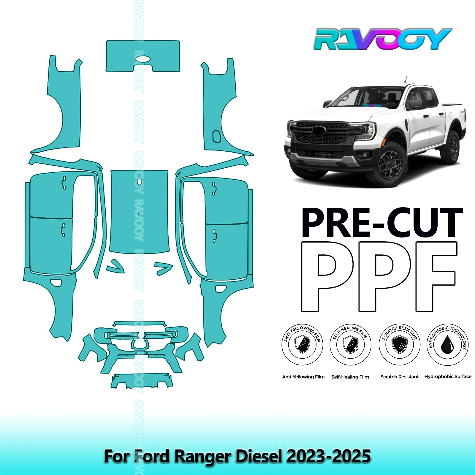 RAVOOY 8.5Mil Custom-Fit Precut TPU PPF Full Vehicle Clear Bra Stone Guard EU UK For Ford Ranger Diesel 2023-2026