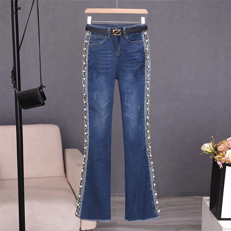 2024 Spring And Autumn New Hot Drilling Micro-Trumpet Jeans Female  European Goods High Waist Slim Straight Wide-Leg Pants