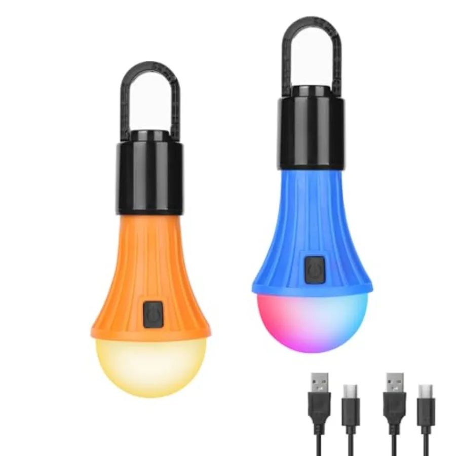 

LED Rechargeable Camping Lantern, 7 White and RGB Light Modes, Camping entials, Hanging Light Bulbs with Clip Hook for Camping,