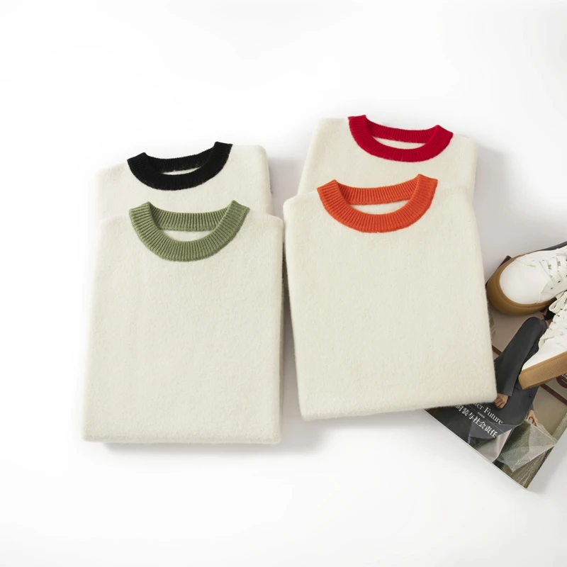 Autumn And Winter New 100% Pure Wool Men's Round Neck Sweater Color Matching Thick Fashion Cashmere Knit Bottoming Shirt