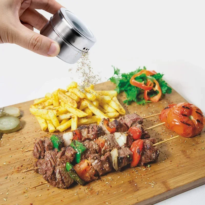 Magnetic Spice Jars with Wall Mounted Rack 304 Stainless Steel Spice Tins Pepper Seasoning Containers Tools Wipeable Label Set