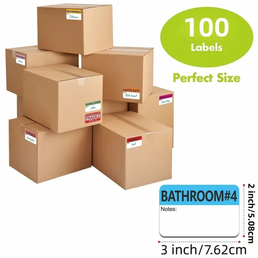 5 Sheets/100pcs 20 Designs Preprinted Color Coded Home Moving Packaging Box Labels with Writable Note Area.