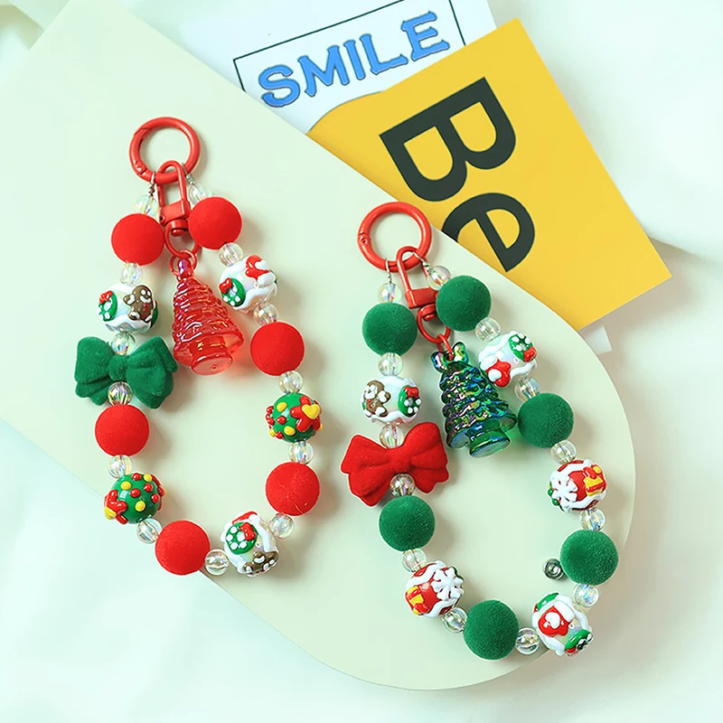 Anti Loss Mobile Phone Chain Cute Hand Drawn Plush Beaded Christmas Tree Pendant Bag Decoration