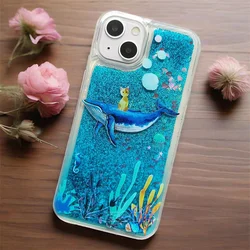 For Samsung Galaxy S24 S23 Ultra S22 S21 Plus S20 FE 5G S10 Lite Case Glitter Shiny Liquid Quicksand Seaweed Dolphin Clear Cover